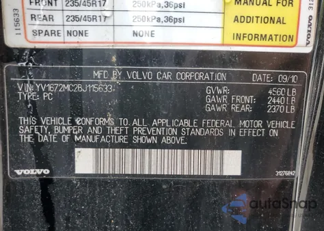 2011 Volvo C70 T5 z USA, uszkodzony, nr VIN YV1672MC2BJ115633